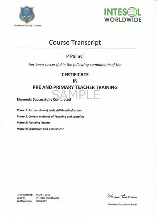 pre and primary teacher training certificate transcript